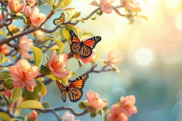 Estandarte de primavera con flores de quince japonés y mariposas monarca