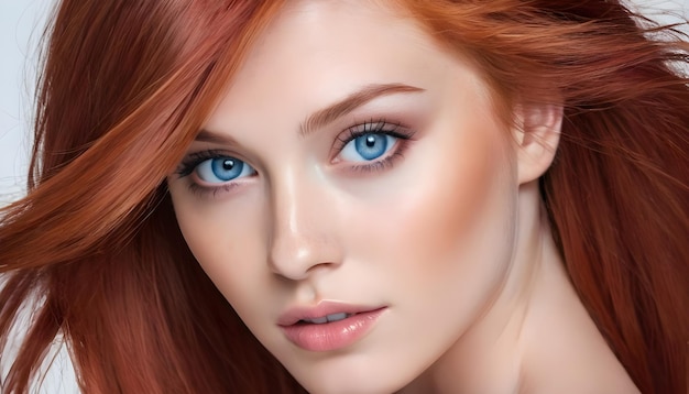 Estandarte promocional con una hermosa modelo de cabello rojo ojos azules cabello sedoso