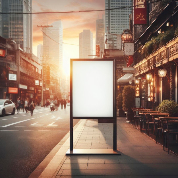 Estandarte publicitario blanco en blanco sobre la entrada del restaurante en la calle de la ciudad al atardecer modelo de fondo ai generativo