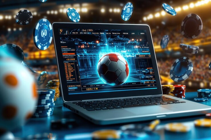 Un estandarte que muestra una computadora portátil y fútbol y fichas que muestran acción de fútbol en vivo y probabilidades de apuestas