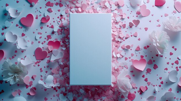 Estandarte rectangular blanco rodeado de confeti en forma de corazón