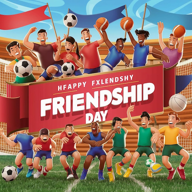 Un estandarte temático deportivo con amigos jugando diferentes juegos como fútbol, baloncesto y voleibol Fr