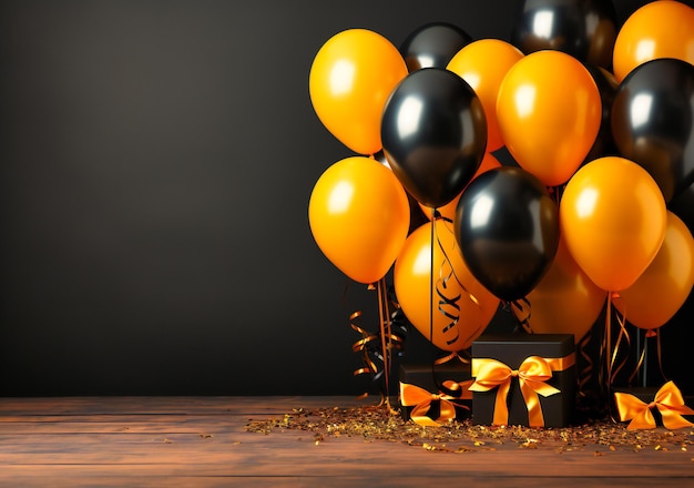 Estandarte de textura dorado negro y amarillo con globos