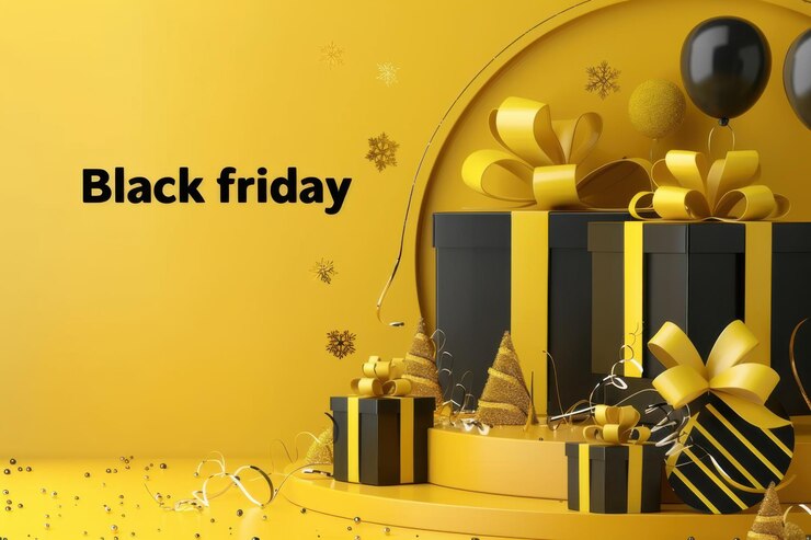 Estandarte de venta festiva del Viernes Negro con cajas de regalos negras y amarillas, cintas y decoraciones sobre un fondo amarillo vibrante