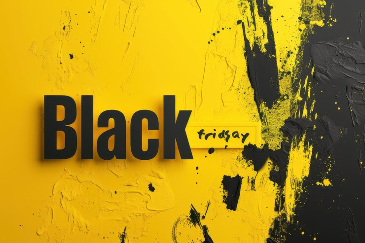 Estandarte de venta festiva del Viernes Negro con cajas de regalos negras y amarillas, cintas y decoraciones sobre un fondo amarillo vibrante