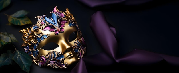 Estandarte de venta de Mardi Gras con máscara de Carnaval Mardi Gras aislado de fondo oscuro