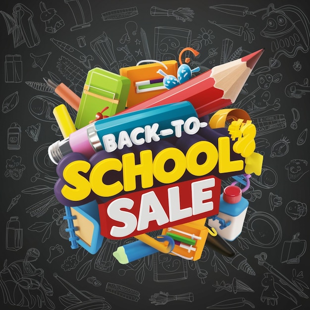 Estandarte de venta de vuelta a la escuela con lápices de colores y otros artículos de aprendizaje en garabateo dibujado a mano