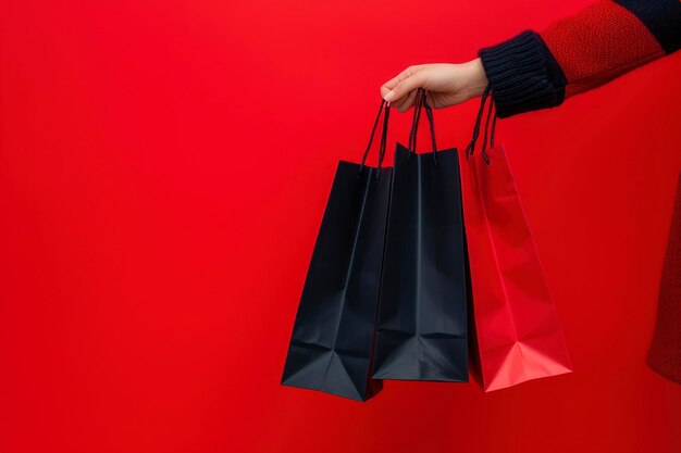 Estandarte de ventas del Viernes Negro Mano femenina sosteniendo dos bolsas de compras sobre fondo rojo