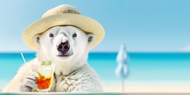 Foto estandarte de viajes y resorts con un oso blanco gracioso en sombrero con un vaso de cóctel en el fondo de la playa