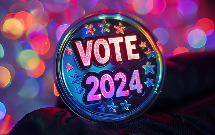 Estandarte de votación de 2024 con cinta roja sobre fondo azul Ilustración vectorial