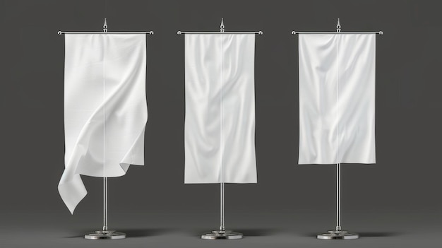 Foto estandartes de tela en blanco, triángulo, rectángulo y formas de esquina en acero, aislados sobre un fondo transparente, conjunto realista moderno con banderas y banderines blancos.