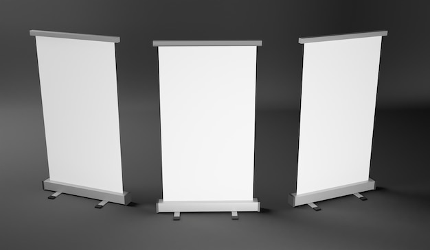 Foto estande de banner enrolado em branco exibe ilustração de renderização 3d