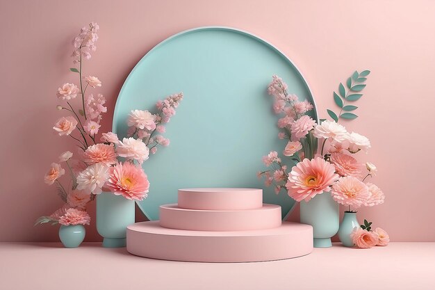 estande de cosméticos pódio e flor em fundo pastel design de renderização 3D