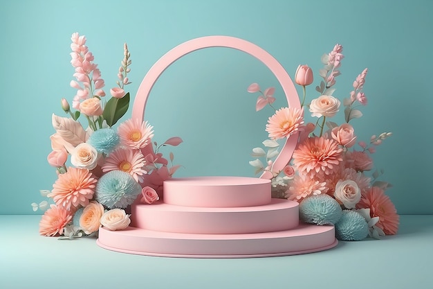 estande de cosméticos pódio e flor em fundo pastel design de renderização 3D