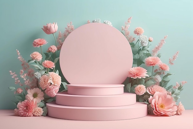 estande de cosméticos pódio e flor em fundo pastel design de renderização 3D