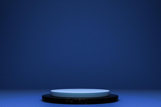 Estande de exibição Podium moderno está em fundo azul escuro texturizado iluminado com iluminação suave exibindo produtos cena cria foco e atenção na área de exhibição aumentando a visibilidade e o apelo