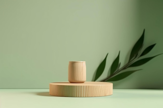 Estande de exposição de produtos cosméticos pódio de cilindro de madeira em fundo de chá verde pastel com chá verde