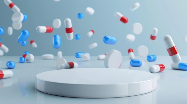Estande de medicina farmacológica modelo de pódio vazio em mesa com bandeira e espaço de cópia mostrando produtos farmacêuticos pesquisa e inovação na indústria de saúde