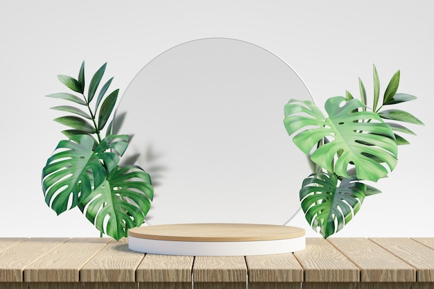 Estande de produtos cosméticos de exibição, pódio branco de madeira com planta de folha verde e vidro do círculo no fundo da mesa de tampo de madeira. Ilustração de renderização 3D