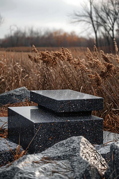 Foto estande de produtos de granito com bordas flamejantes e acabamento durável conceito de paisagem única