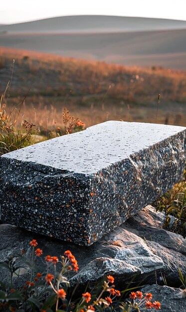 Foto estande de produtos de granito com bordas flamejantes e acabamento durável conceito de paisagem única