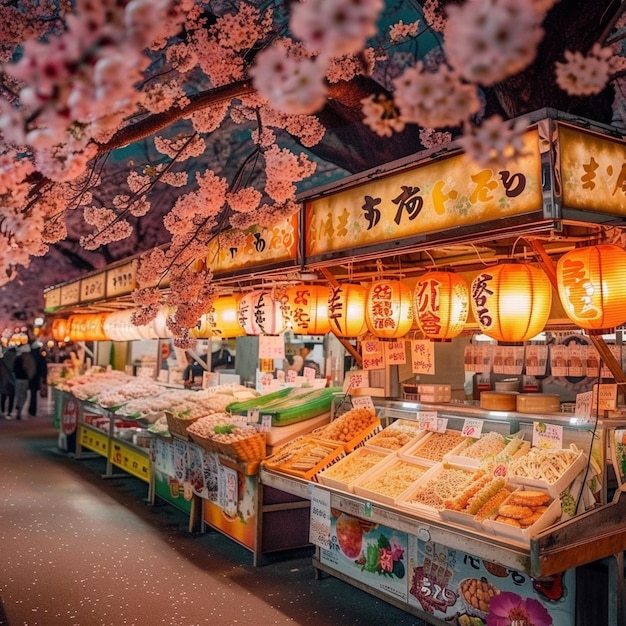 Estandes de comida do Festival da Flor de Cereja no Japão