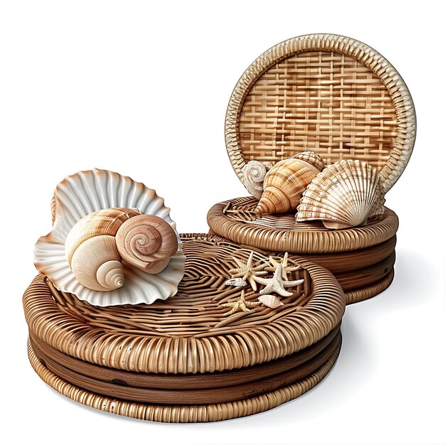 Foto estandes de produtos de rattan tecidos com vibração tropical e de praia conceito de design de layout criativo de dois níveis