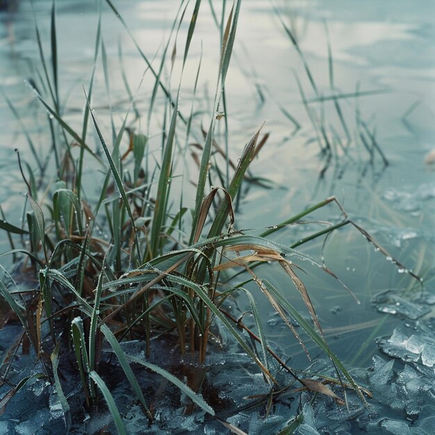 un estanque congelado con hielo y hielo y hierba en él