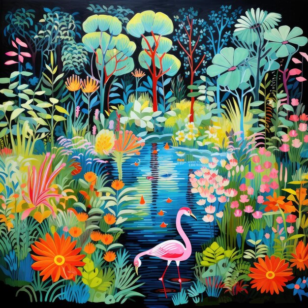 Un estanque en un exuberante jardín plantas de colores pájaros estilo de arte Gond