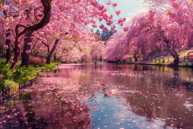 El estanque con las flores rosas