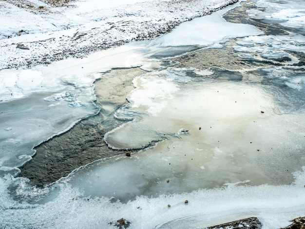 Estanque de hielo resbaladizo sobre el agua de la cascada de Kirkjufellfoss se convierte en hielo y nieve en Islandia