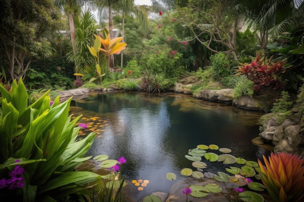 Estanque de jardín rodeado de vegetación tropical y flores de colores