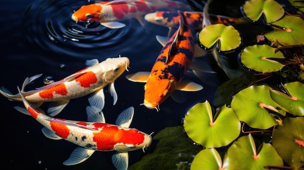 Un estanque de jardín sereno con coloridos peces koi nadando