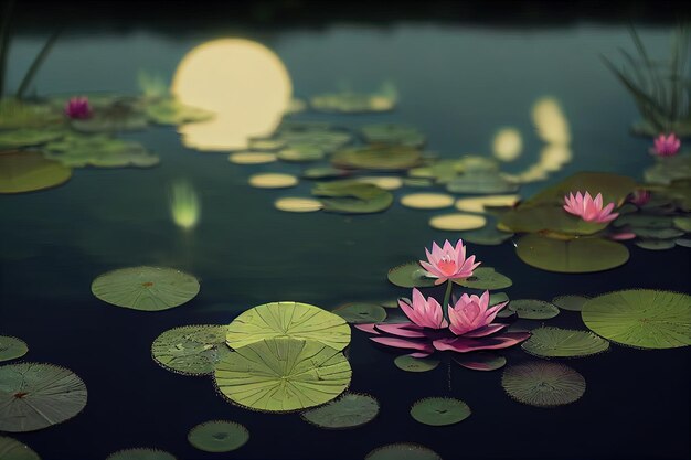 un estanque con lirios de agua y una luna llena en el fondo