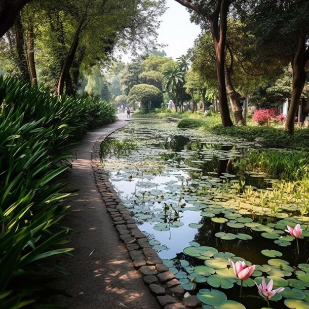 Un estanque con nenúfares en un parque