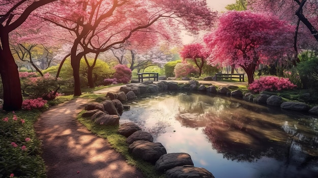 Un estanque en un parque con flores rosas.
