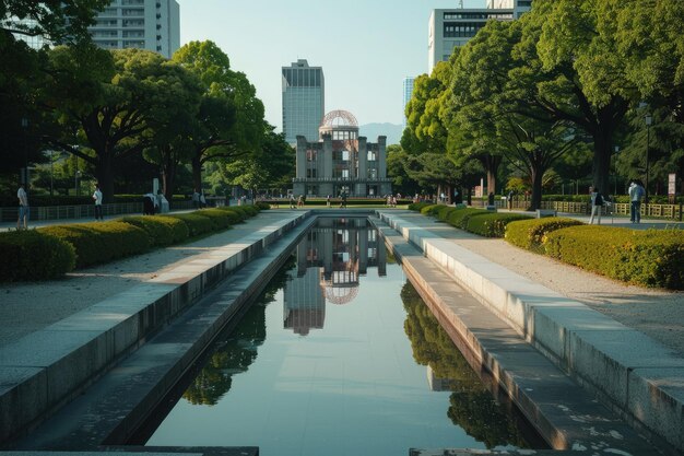 Un estanque en un parque rodeado de edificios altos