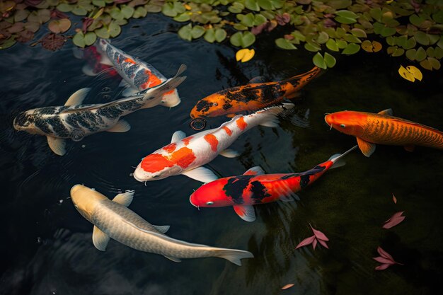 Estanque en el patio trasero con peces koi nadando en aguas tranquilas