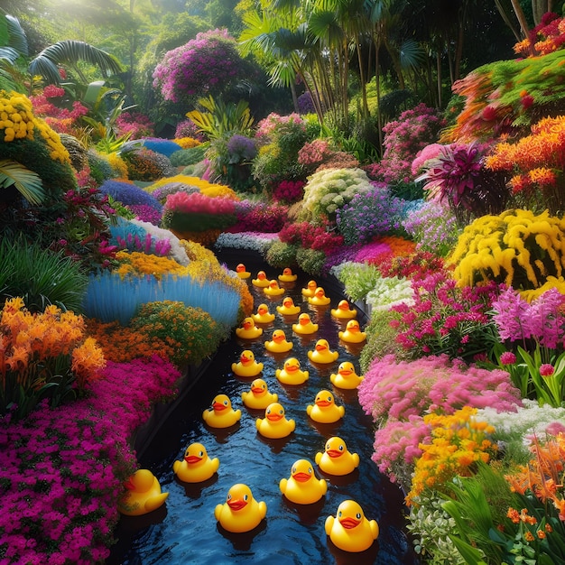 Foto un estanque con patos flotando en él y flores en el agua