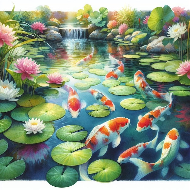 estanque de peces koi sereno con almohadillas de lirio