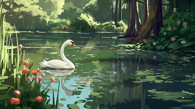 Un estanque sereno con un cisne nadando con gracia Concepto de fantasía Pintura de ilustración