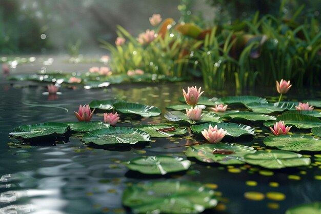 Foto un estanque sereno con lirios y ranas