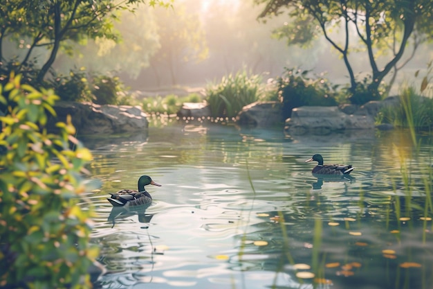 Un estanque tranquilo con patos nadando perezosamente