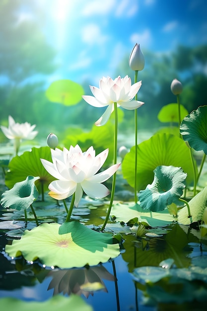 Estanque de verano Lotus Tranquility con flores y hojas