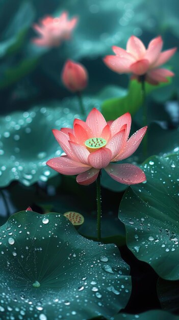 Foto en el estanque de verano las tiernas hojas de loto verde y las flores de loto rosa cubren el agua