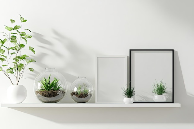 Un estante blanco con un espejo y algunas plantas