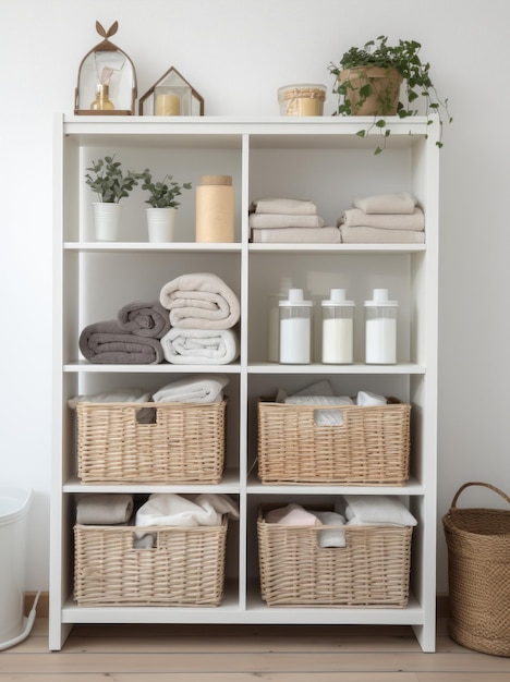Foto estante blanco limpio con cestas y cajas de mimbre