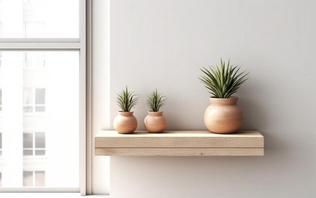 Estante en blanco de madera con planta en fondo blanco de la pared