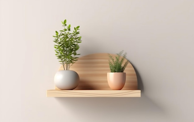 Estante en blanco de madera con planta en fondo blanco de la pared