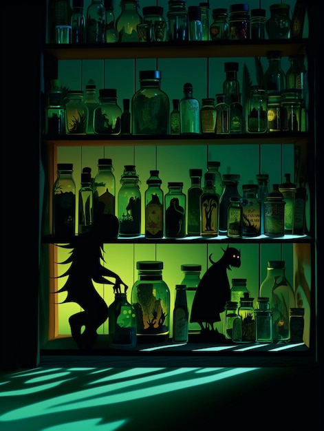 Un estante con botellas y la silueta de una bruja con un espíritu